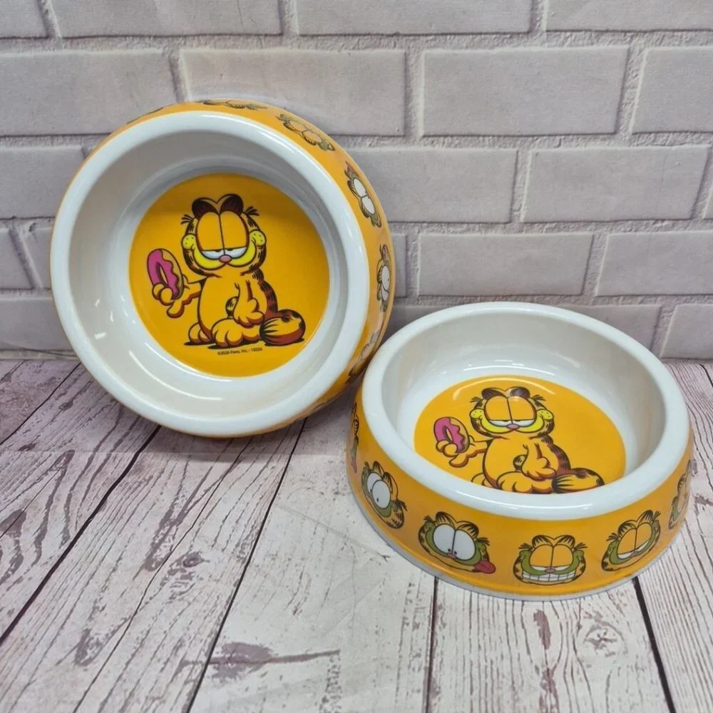 Nickoledin Garfield Bowl Dog Cat Food Water Dish, Yellow, 7in, Lot Of 2
